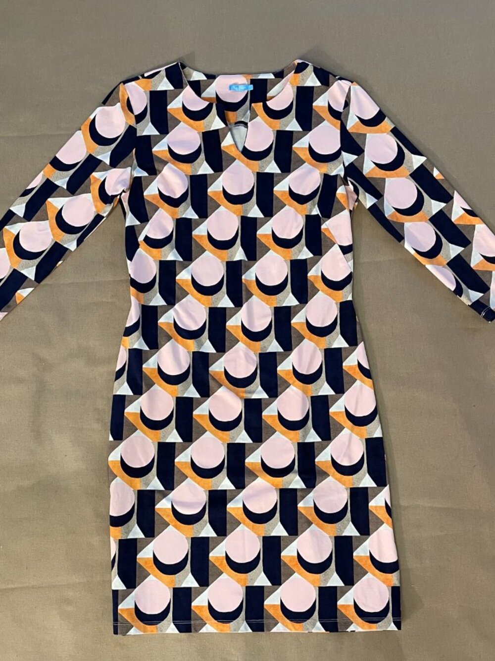 J McLaughlin Dress Sz S Carly Geometric Print 3/4 Sleeve Retro Mod Packable